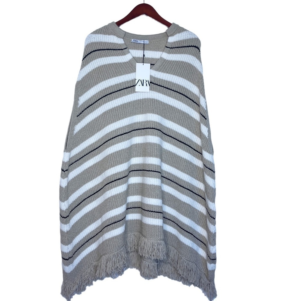 ZARA NWT Fringe Sleeveless Stripe Poncho Sweater Size XS / SMALL in Tan